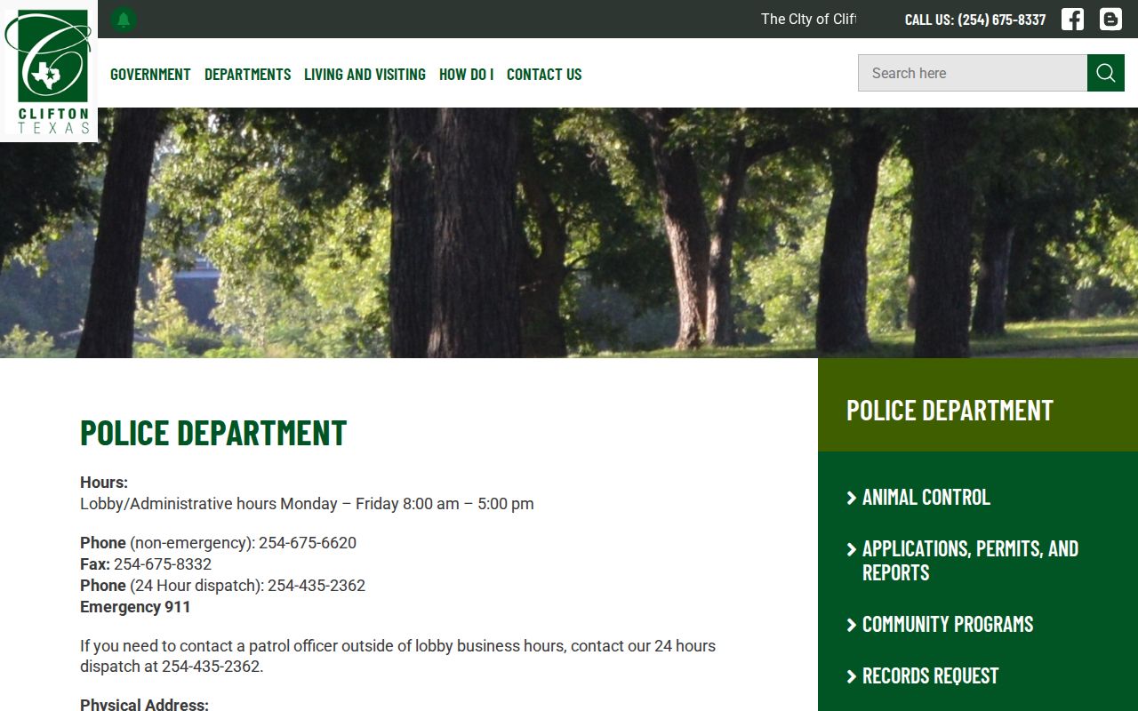 Clifton Police Department contact location for Clifton warrant records routing
