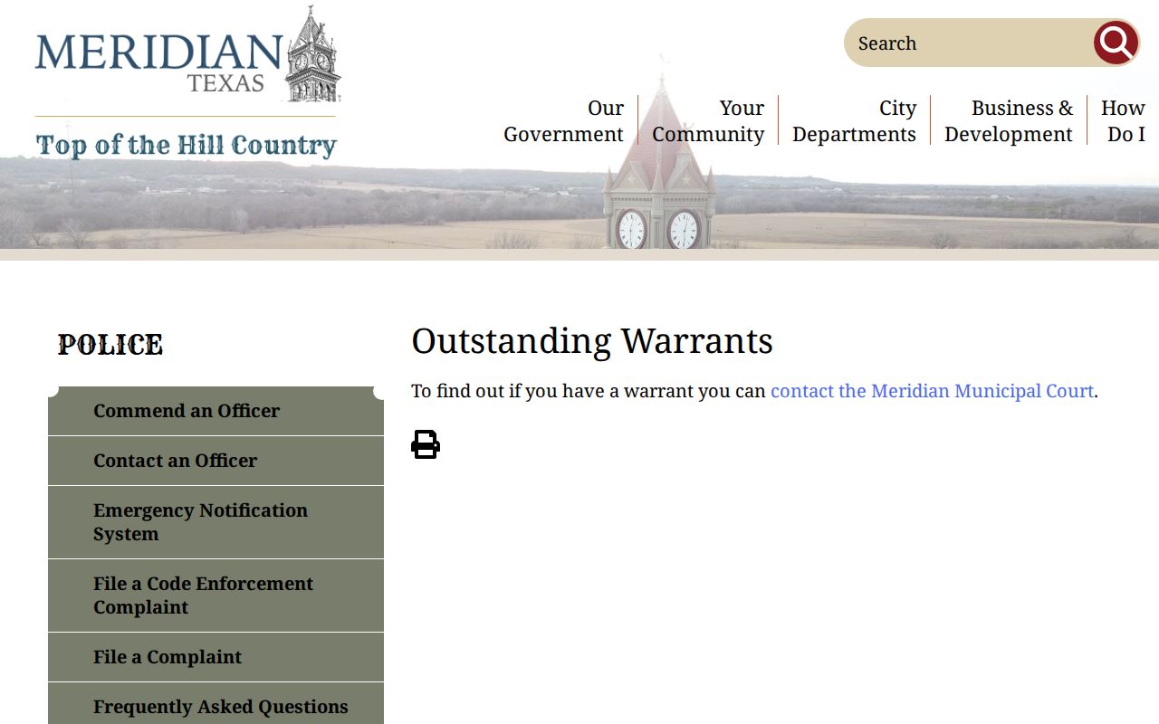 Meridian Warrant Records instruction to contact the municipal court