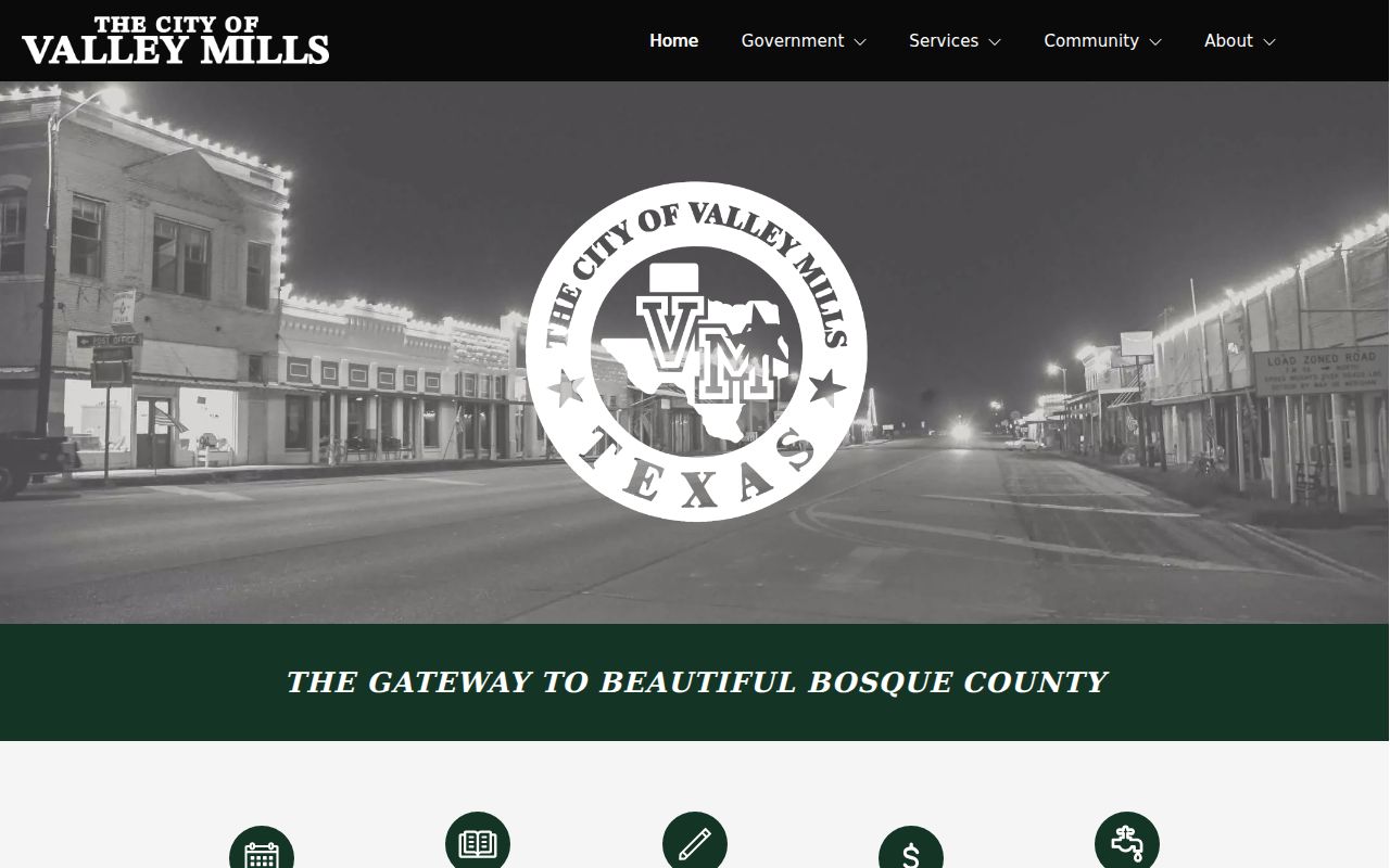 Valley Mills city hall, municipal court, and police contact strip for warrant records routing