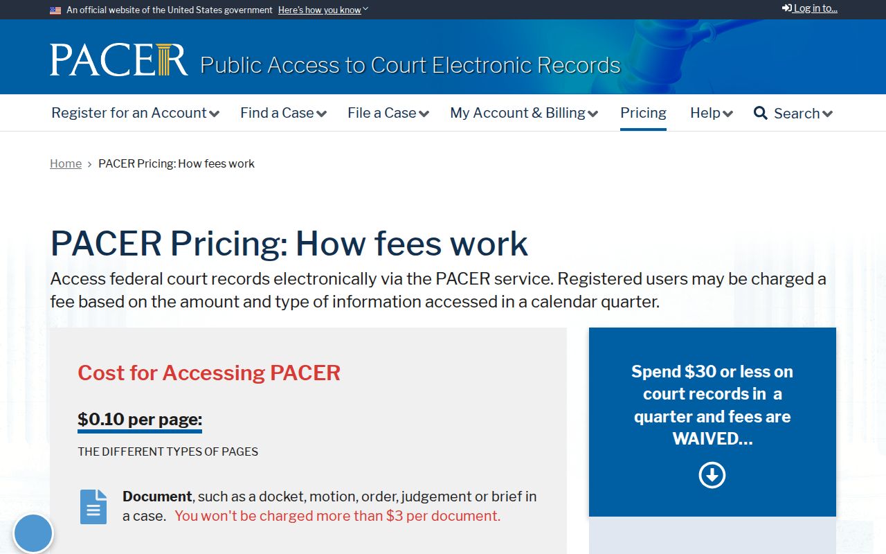 PACER federal court record access and fee information relevant to federal arrest warrant records for Bosque County