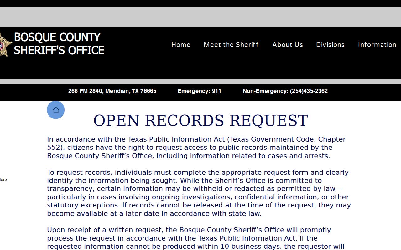 Bosque County warrant records public-information request instructions
